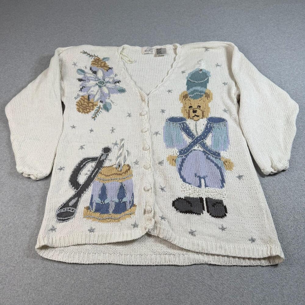 Kathie Lee Christmas Sweater Women 22W White Cardigan Teddy Bear Nutcracker Drum